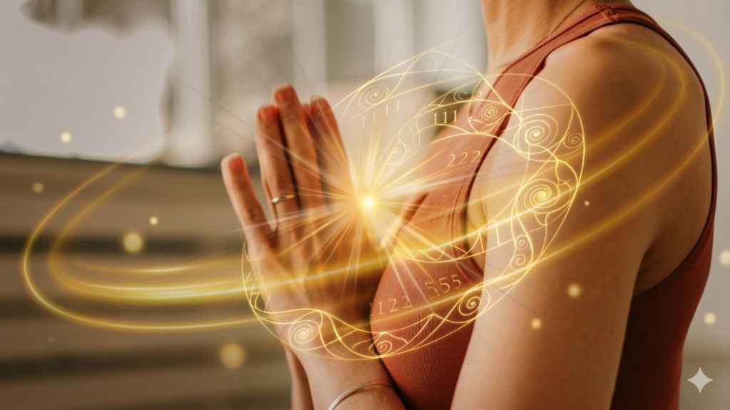 Agradecer antes de recibir. Mujer en meditación con luz dorada y códigos de numerología, practicando la gratitud radical y abundancia.