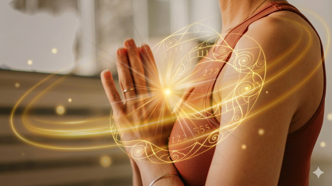 Agradecer antes de recibir. Mujer en meditación con luz dorada y códigos de numerología, practicando la gratitud radical y abundancia.