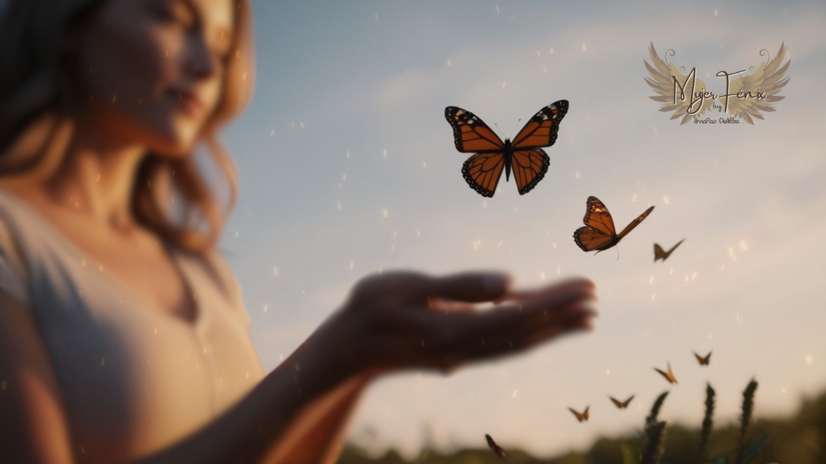 Imagen espiritual de una mujer soltando mariposas monarca y destellos de luz dorada en un campo al atardecer, evocando consuelo y conexión divina con el Código Sagrado 1962. Estilo Mujer Fénix
