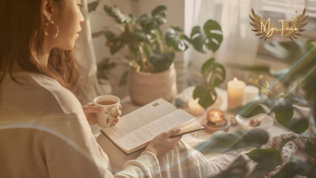 Una mujer aplicando la ley del vacío en un ambiente minimalista y cálido, sosteniendo una taza de café mientras lee un libro, rodeada de plantas y velas con el logotipo de Mujer Fénix en la esquina superior.